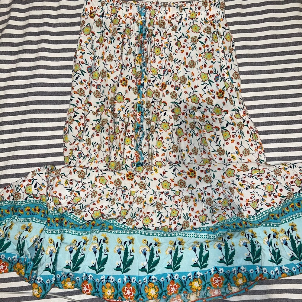 Zesica Boho Peasant Prairie Skirt Turquoise Blue Green Orange Floral
